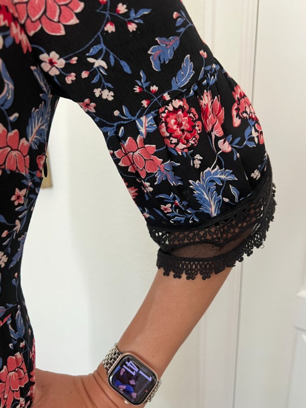Anna Sui Black Floral Mini Dress – Lace Trim, Tiered Ruffle Hem, Boho Chic - Picture 4 of 8
